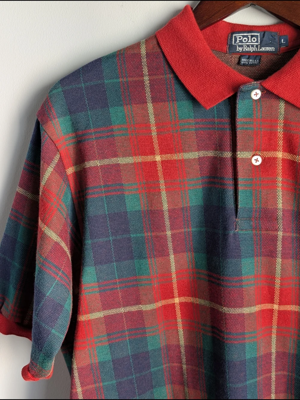 VTG Polo Ralph Lauren Men's Polo Sz Large Red Tartan Plaid Made In The USA 90's